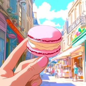 1. JE VAIS MANGER 5 macaron rose paris main doigt